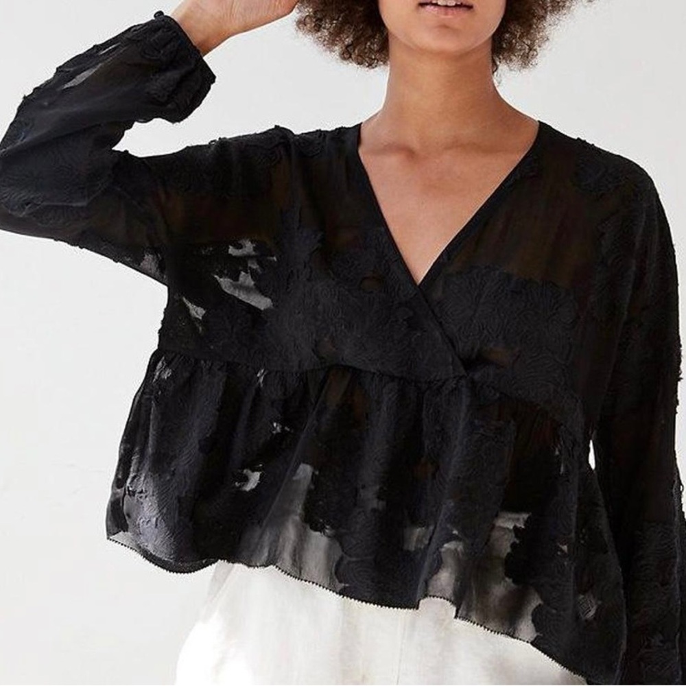 Aritzia Wilfred Augustine Black V-Neck Lace Peplum Blouse - Women's Top